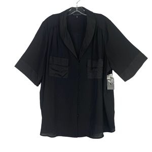 NWT Eloquii blouse short sleeves button front satin trim black 20 women